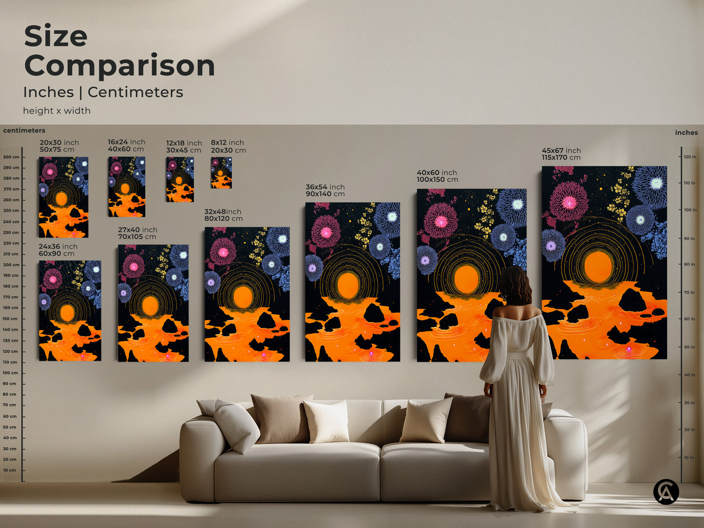 A size comparison shows the scale of the abstract geometric wall art in inches and centimeters. Artwork featuring purple orange canvas print with dandelion fireworks art. See how various sizes fit above a couch to envision your decor.