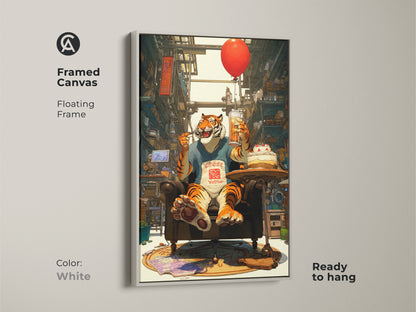 This framed canvas with floating frame shows a whimsical tiger enjoying beer and cake. This white frame art is ready to hang. The red balloon and urban-inspired backdrop add a playful touch. A perfect gift for tiger lovers.