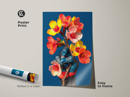 Eclectic botanical surrealism artwork available as a poster print. The art features a blue hand holding colorful orange red flowers. Rolled in a tube and easy to frame this is the perfect wall art.