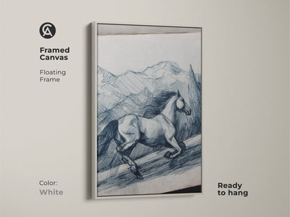 Framed canvas in white shows rustic horse line art. Indigo mountain sketch is ready to hang. Floating frame enhances equestrian art. The animal landscape print adds charm to any room. Sketch style artwork for horse lovers. It’s a unique gift idea.
