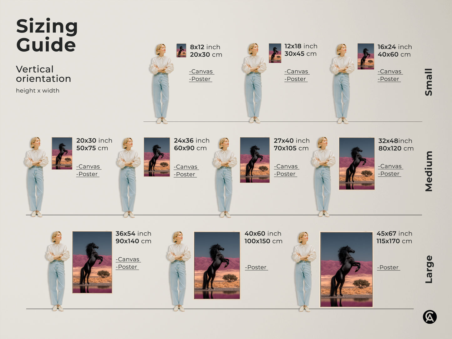 Sizing Guide for a Rearing Black Horse Canvas Art. Available in vertical orientations for small medium and large spaces. This wildlife wall art decor suits eclectic bedrooms. It's a horse lover present with a surreal desert landscape. Choose canvas or poster to enhance your unique home decor. This fine art horse painting is a powerful animal artwork.