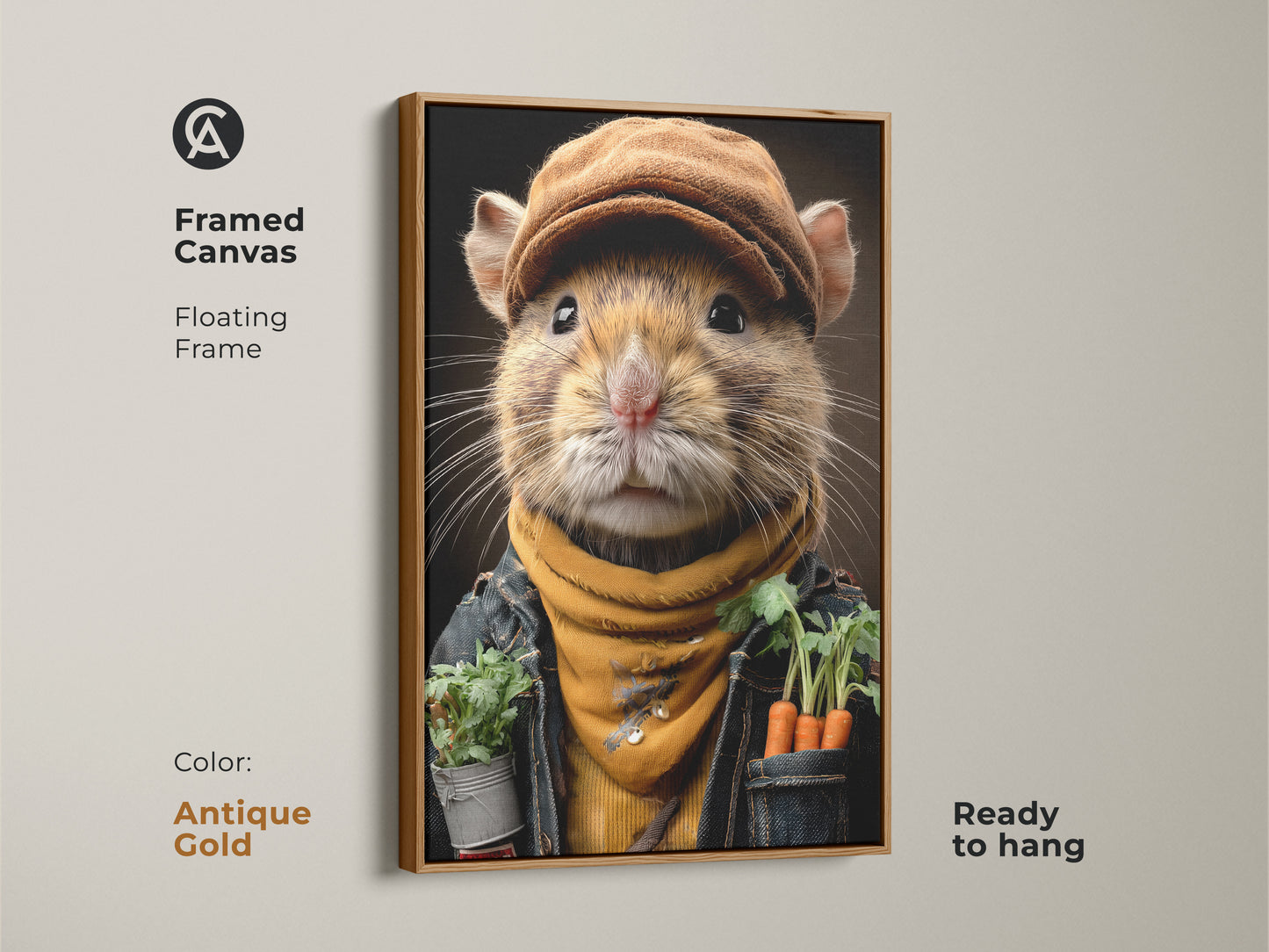 Framed canvas with floating frame showing a realistic mouse gardener. The antique gold frame complements the golden yellow tones. This charming artwork is a unique gift idea for garden enthusiasts. This adds a whimsical touch to any eclectic home decor and is ready to hang.