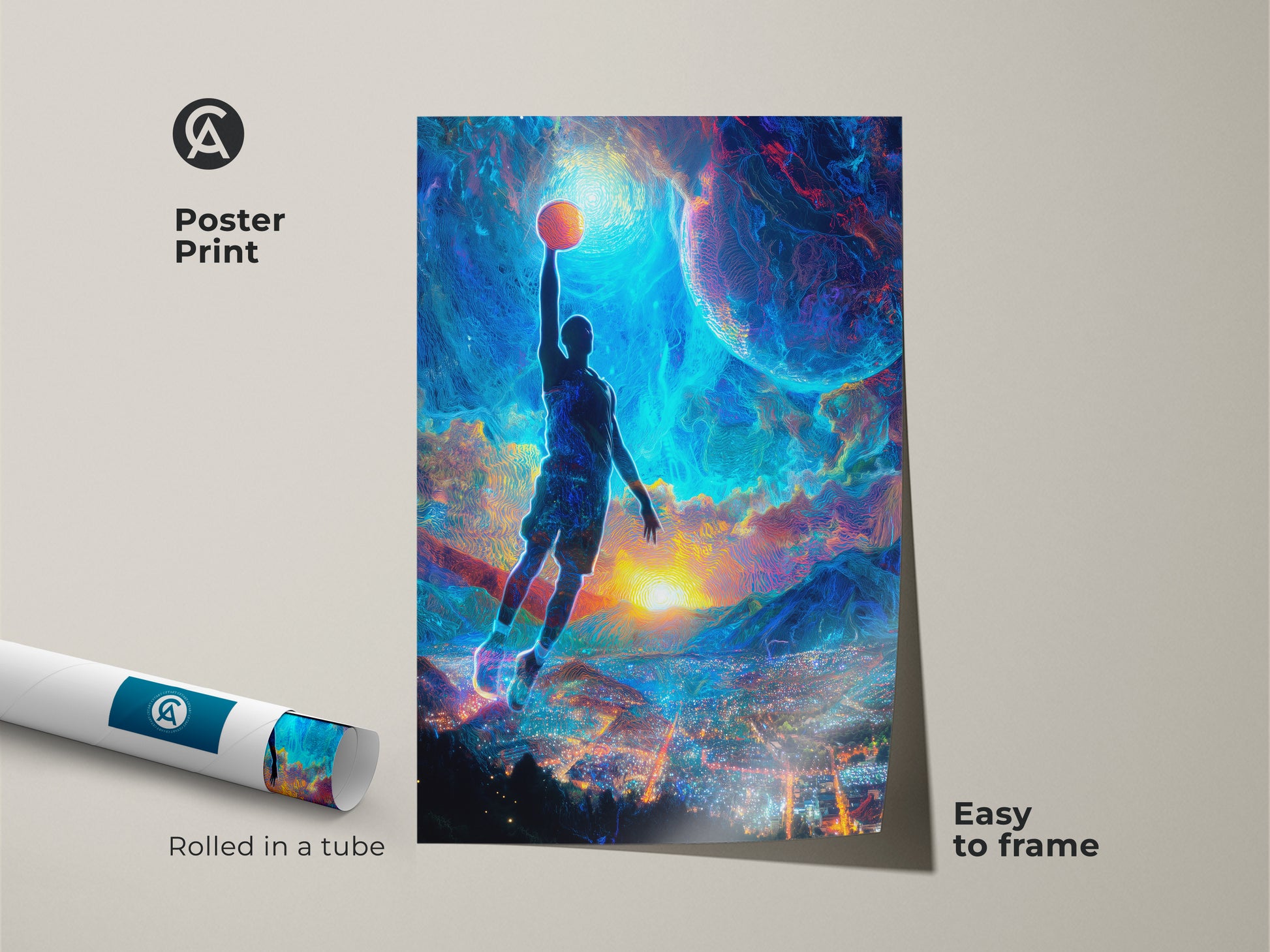 A rolled poster print of a basketball player in action. It features a surreal city lights canvas. The electric blue art is easy to frame. A perfect gift for hoopers and sports art collectors.