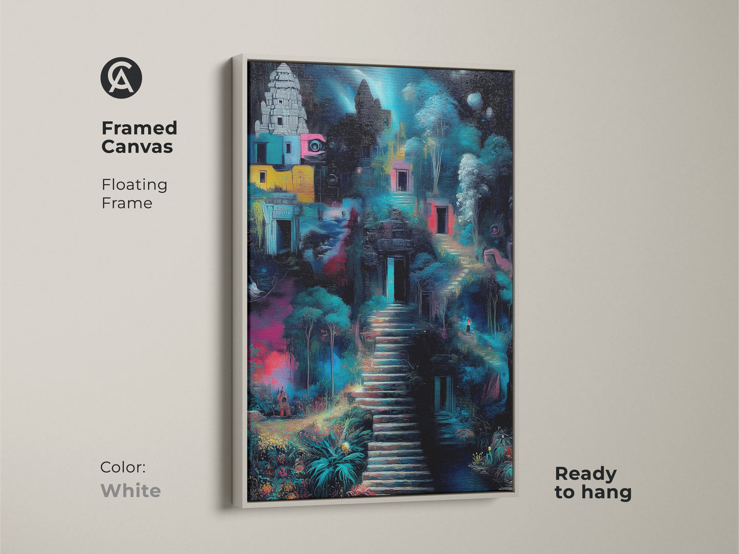 Explore print presentation options for surreal temple art. Choose poster print stretched canvas or framed canvas. Floating frames in oak white black brown and antique gold enhance the art.