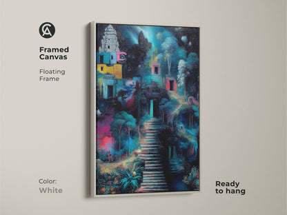 Explore print presentation options for surreal temple art. Choose poster print stretched canvas or framed canvas. Floating frames in oak white black brown and antique gold enhance the art.