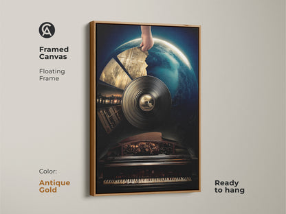 Framed canvas art featuring a surreal vinyl record and piano theme with an antique gold floating frame. Conceptual wall art blends deep blue gold artwork into an eclectic space. Ideal as a unique gift for music lovers ready to hang.
