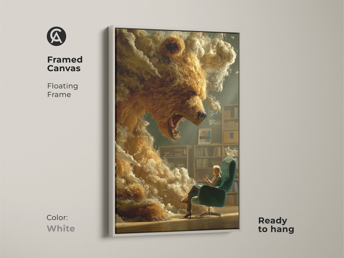 Framed canvas showcasing surreal bear art. A white floating frame provides a clean look. This piece is ready to hang. Its an artistic bear portrait. Perfect for creating a cozy home library vibe.
