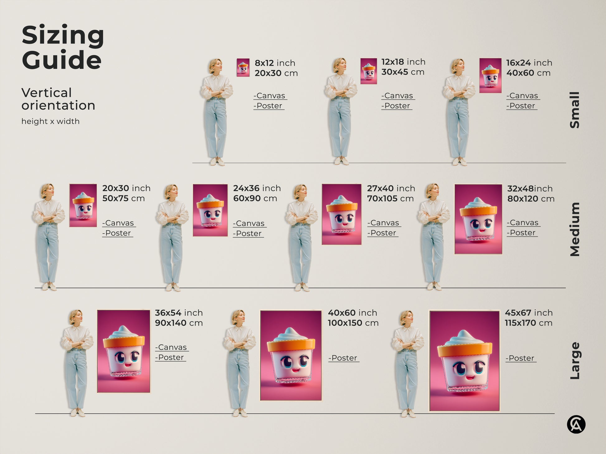 Sizing guide for vertical kawaii ice cream cup art. See how canvas and poster prints look in various sizes. Ideal for kids room decor or kitchen wall art. Find the perfect fit for your space from small to large.