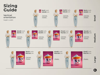 Sizing guide for vertical kawaii ice cream cup art. See how canvas and poster prints look in various sizes. Ideal for kids room decor or kitchen wall art. Find the perfect fit for your space from small to large.