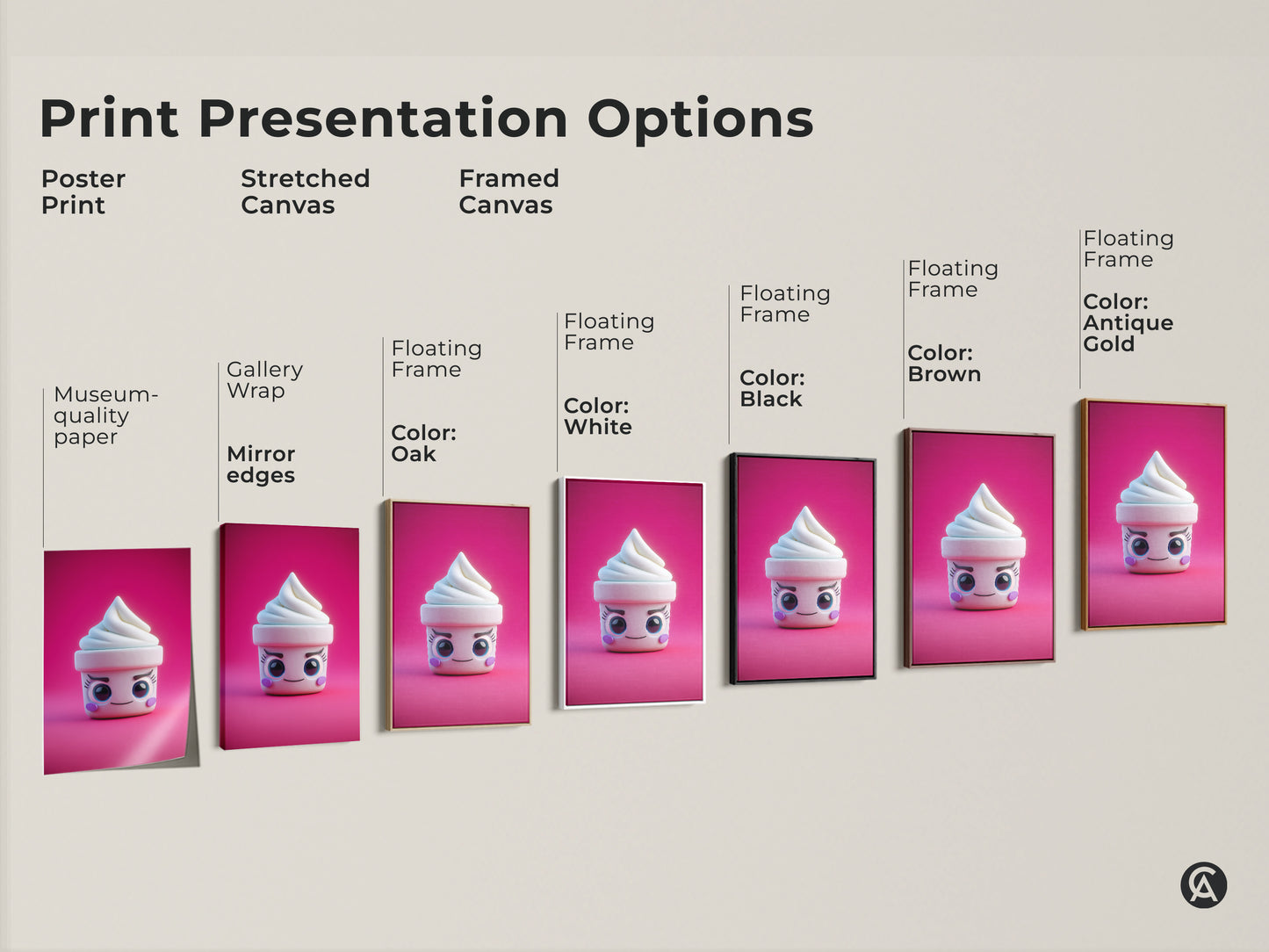 Explore print presentation options. See poster prints stretched canvases and framed canvases. Each features the kawaii ice cream cone art. Discover museum-quality paper gallery wraps and floating frames in various colors.