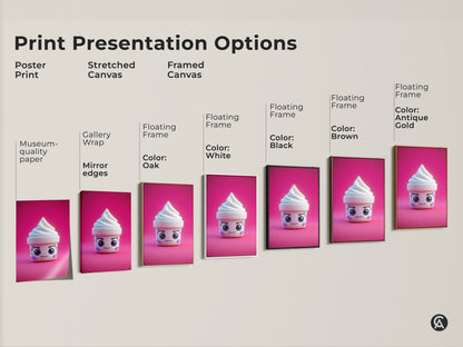 Explore print presentation options. See poster prints stretched canvases and framed canvases. Each features the kawaii ice cream cone art. Discover museum-quality paper gallery wraps and floating frames in various colors.