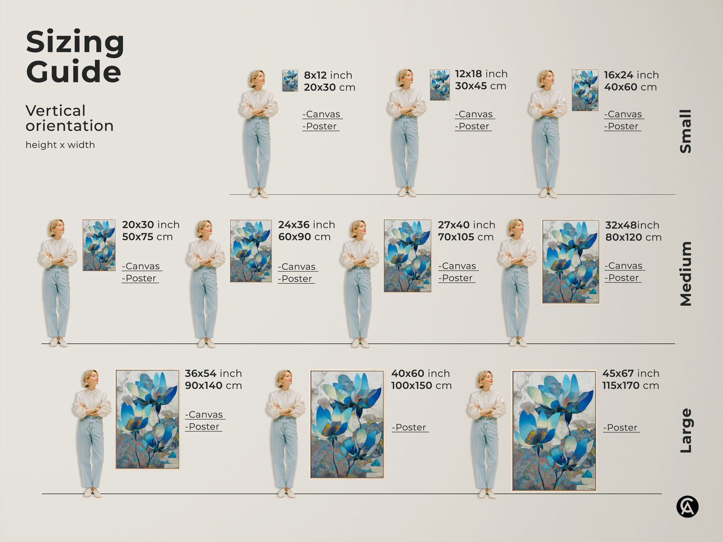 Sizing guide for vertical abstract blue floral canvas and poster prints. Find the perfect size for your space. Ranging from small to large these prints will enhance any room.
