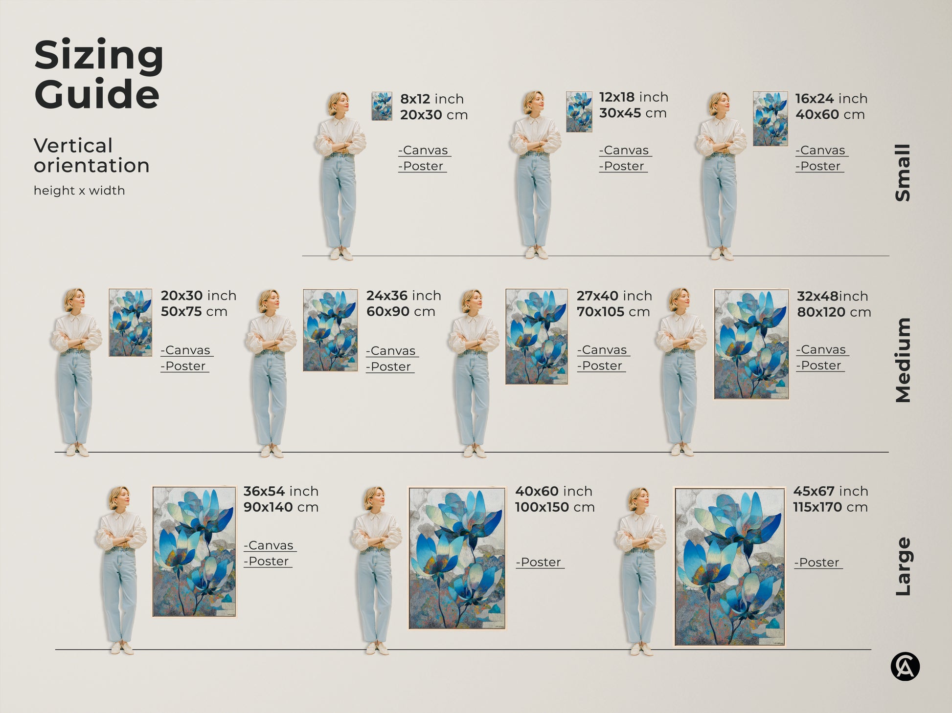 Sizing guide for vertical abstract blue floral canvas and poster prints. Find the perfect size for your space. Ranging from small to large these prints will enhance any room.