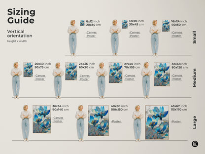 Sizing guide for vertical abstract blue floral canvas and poster prints. Find the perfect size for your space. Ranging from small to large these prints will enhance any room.