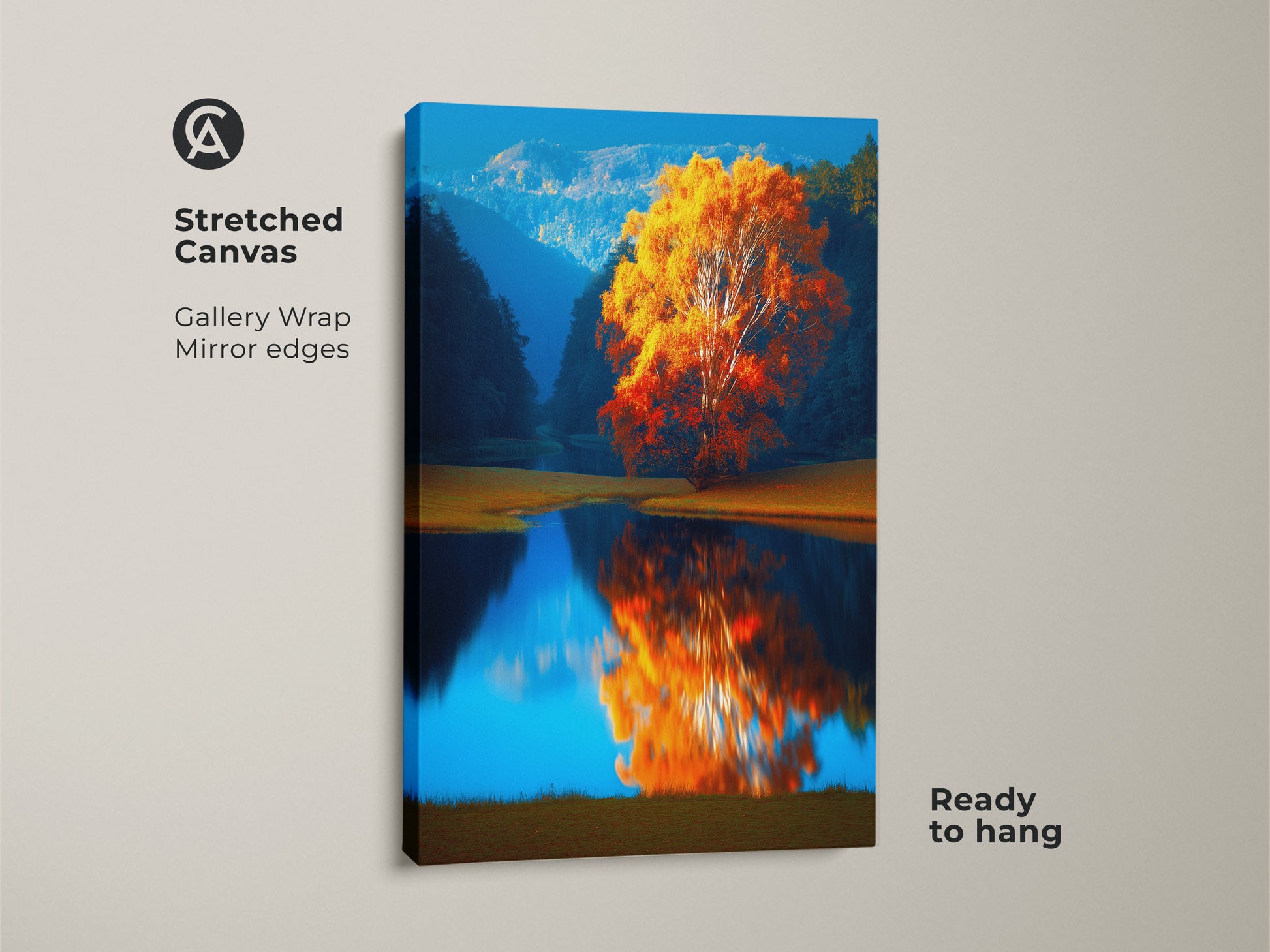 Stretched Canvas Autumn Tree Lake Print ready to hang. Impressionistic landscape wall art with vibrant orange yellow and blue tones. Gallery wrap with mirror edges showcasing nature artwork. Perfect for adding a touch of nature to bedroom wall decor.