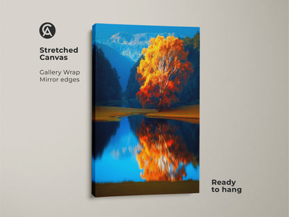 Stretched Canvas Autumn Tree Lake Print ready to hang. Impressionistic landscape wall art with vibrant orange yellow and blue tones. Gallery wrap with mirror edges showcasing nature artwork. Perfect for adding a touch of nature to bedroom wall decor.