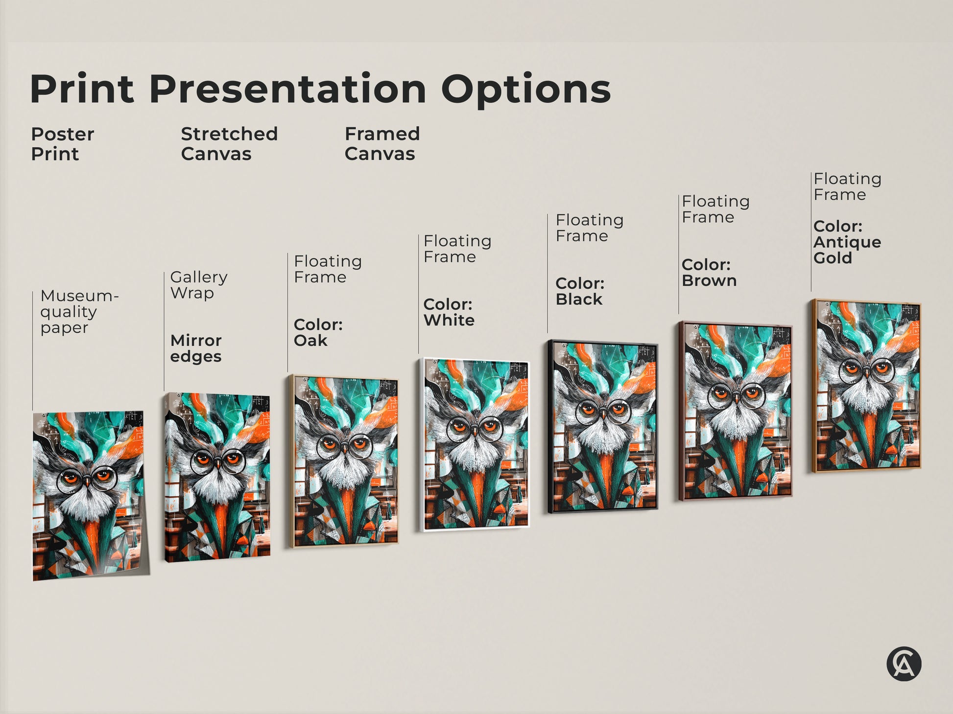 Explore presentation options for this abstract owl art. Choose from poster prints to stretched or framed canvases. Find the perfect style to match your decor. Options include gallery wrap museum-quality paper and floating frames in black brown white or oak.