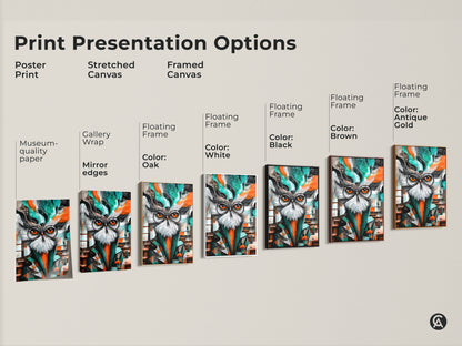 Explore presentation options for this abstract owl art. Choose from poster prints to stretched or framed canvases. Find the perfect style to match your decor. Options include gallery wrap museum-quality paper and floating frames in black brown white or oak.
