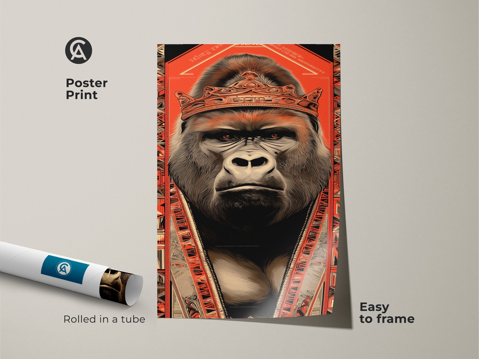 Gorilla king poster print rolled in a tube ready to frame. The artwork is a bold illustration with tribal pattern accents. This print features a regal gorilla with a crown. Orange and black colors create an eclectic vibe. Ideal wall decor for a study or office. A unique animal print.