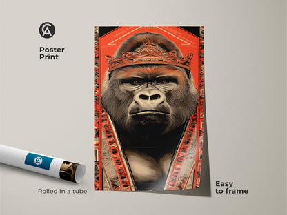 Gorilla king poster print rolled in a tube ready to frame. The artwork is a bold illustration with tribal pattern accents. This print features a regal gorilla with a crown. Orange and black colors create an eclectic vibe. Ideal wall decor for a study or office. A unique animal print.