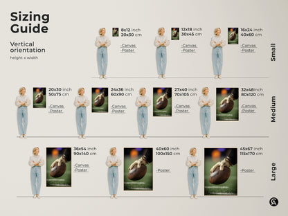 Sizing guide for American Football art canvas and posters. See how the player's hand gripping the ball fits different wall spaces. Visualize small medium and large sizes. Find the perfect sports themed decor for any man cave or game room. Plan your wall art.