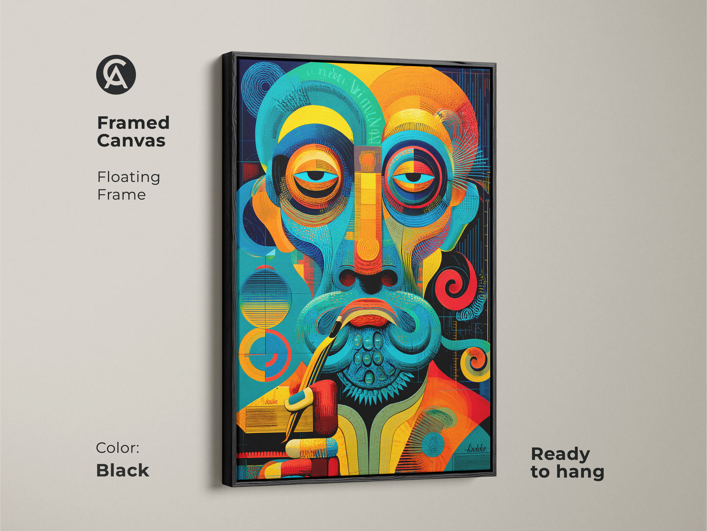 Framed canvas of an abstract man with a pipe. The floating frame is black. This teal blue and orange artwork is ready to hang. Perfect for study room or office decor.