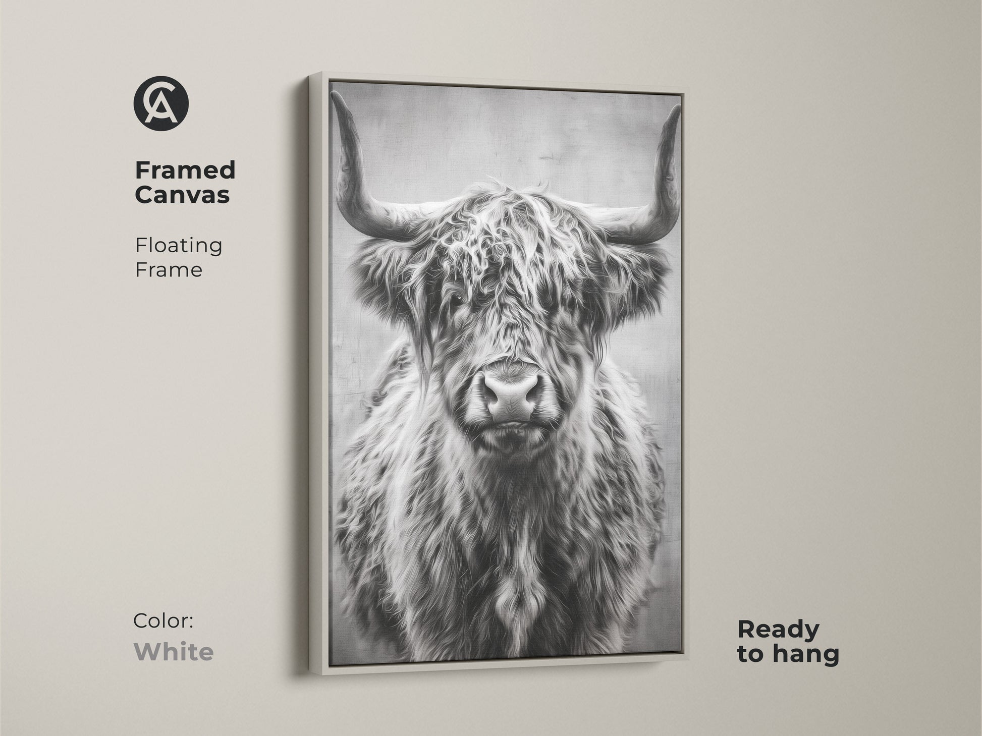 White framed canvas featuring a floating frame with a photorealistic highland cow. The monochrome farmhouse wall art is ready to hang enhancing your home with rustic animal art. Perfect barnyard animal decor.