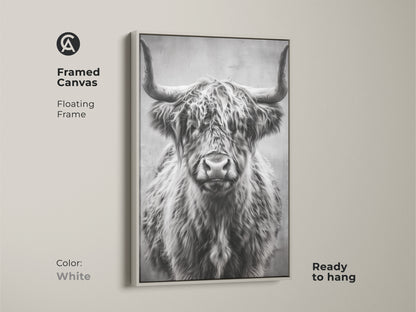 White framed canvas featuring a floating frame with a photorealistic highland cow. The monochrome farmhouse wall art is ready to hang enhancing your home with rustic animal art. Perfect barnyard animal decor.
