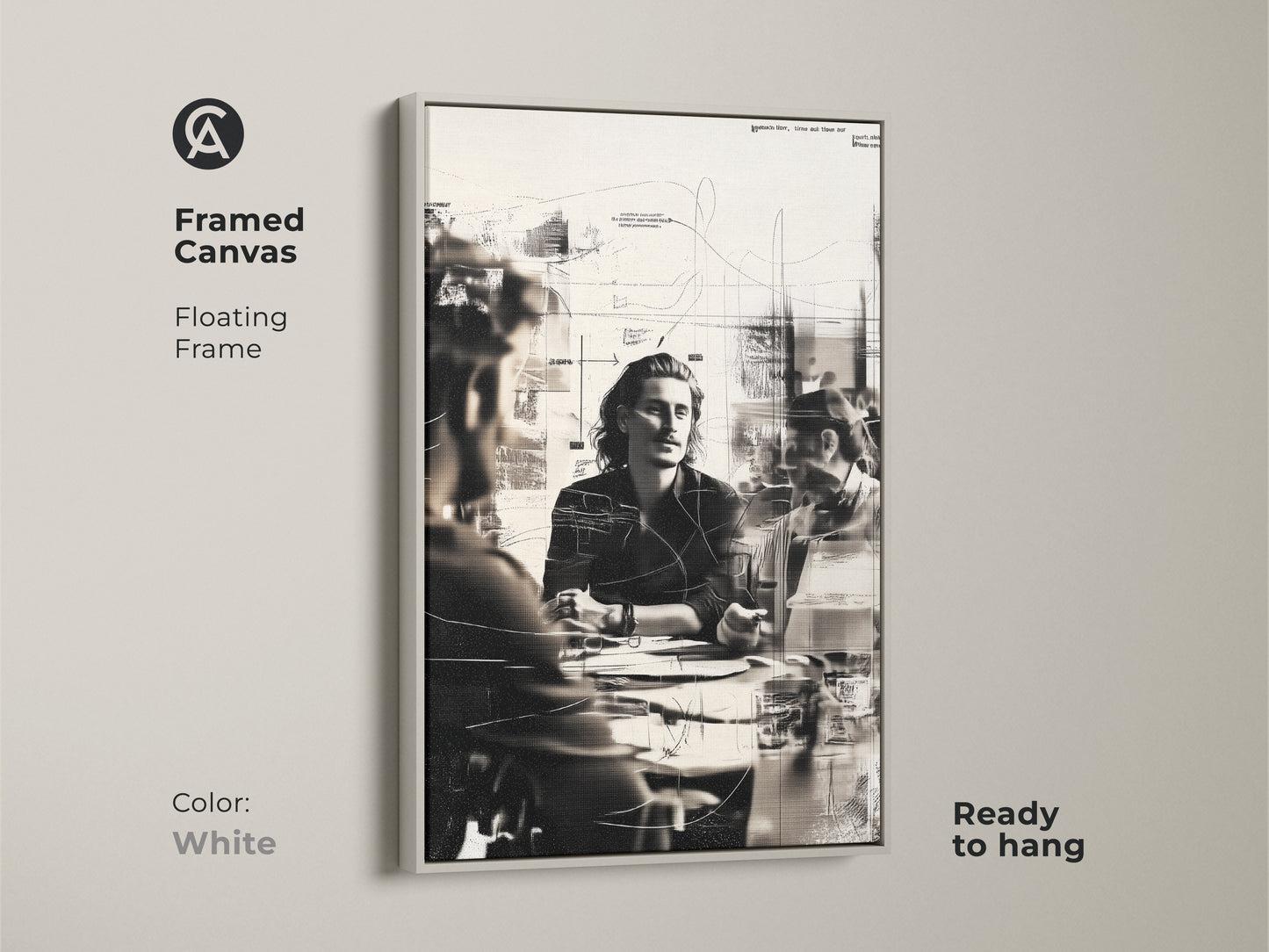 Framed canvas showcasing an abstract collage art of people in a business meeting. The floating white frame adds a clean touch. Ready to hang this contemporary office artwork enhances any workspace. This people sketch print is perfect for professional room decor.