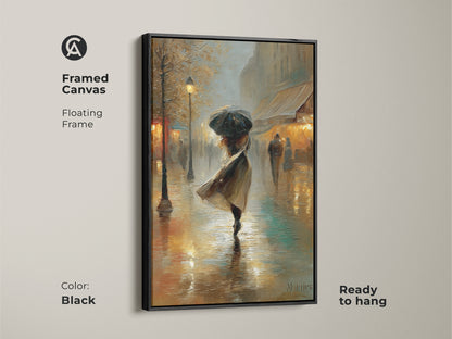 This framed canvas presents a beautiful Parisian street scene. The black floating frame adds a touch of sophistication. The artwork features a woman with an umbrella in an impressionistic style. Ready to hang this gold and teal canvas print will elevate your home decor.