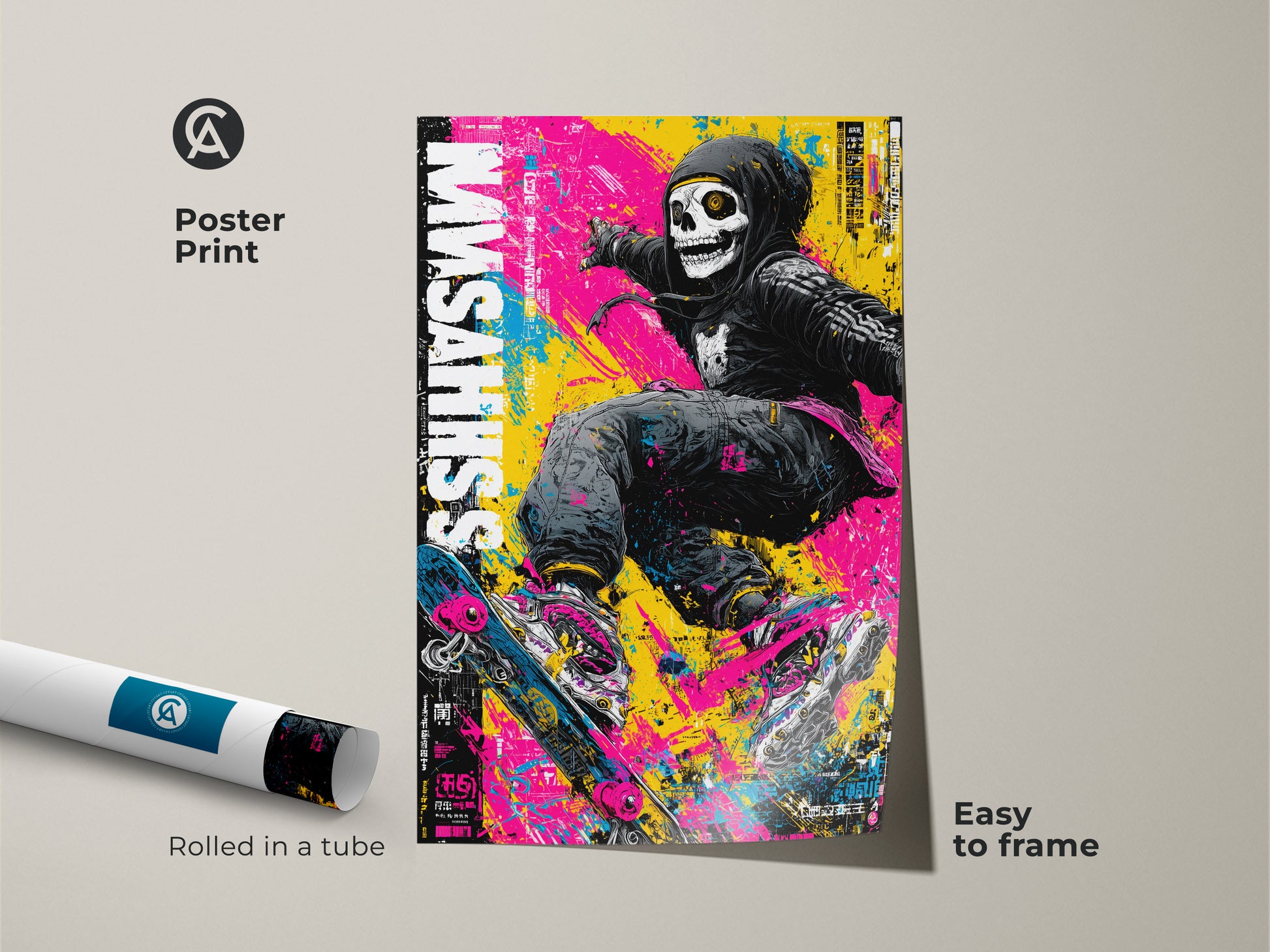 Poster print of a skull skateboarder artwork. This museum-quality paper ensures a vivid and lasting display. Easy to frame this print is perfect for any art lover. The urban-style artwork brings a unique flair to your walls. The poster is rolled in a tube for protection.