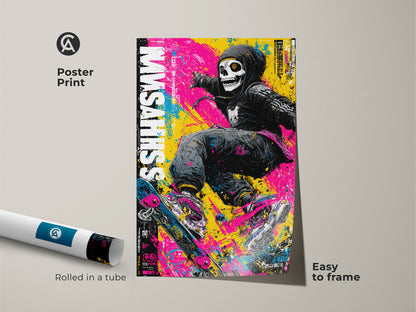 Poster print of a skull skateboarder artwork. This museum-quality paper ensures a vivid and lasting display. Easy to frame this print is perfect for any art lover. The urban-style artwork brings a unique flair to your walls. The poster is rolled in a tube for protection.