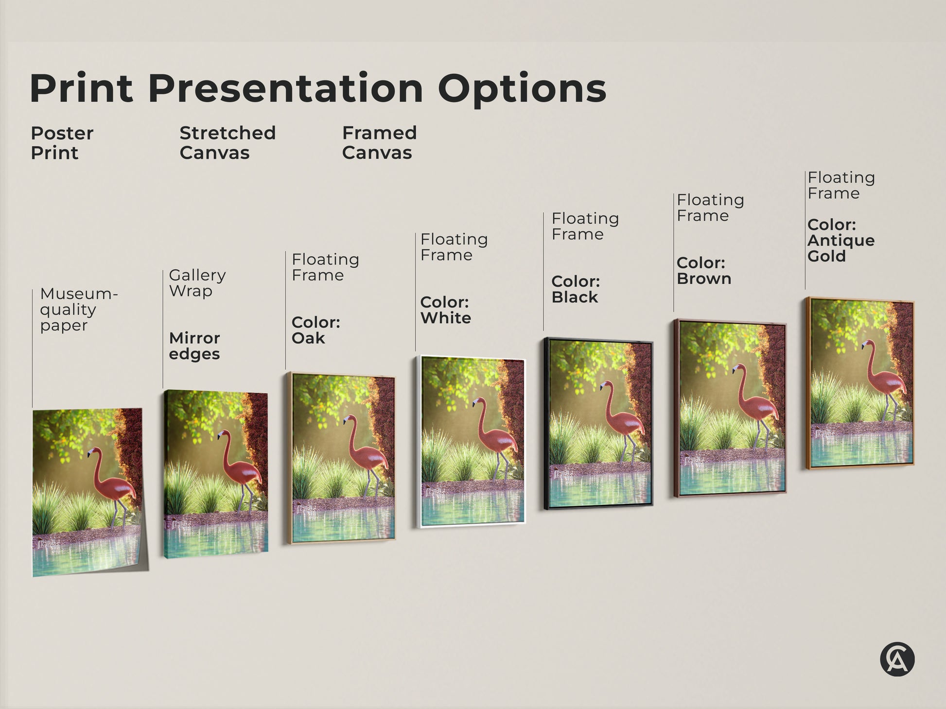 Explore print presentation options for coastal flamingo wall art. Choose from poster prints stretched canvases and framed canvases. Each option highlights the pink bird nature photography. Perfect for adding wildlife artwork to your bedroom. Find the ideal style to complement your coastal decor.