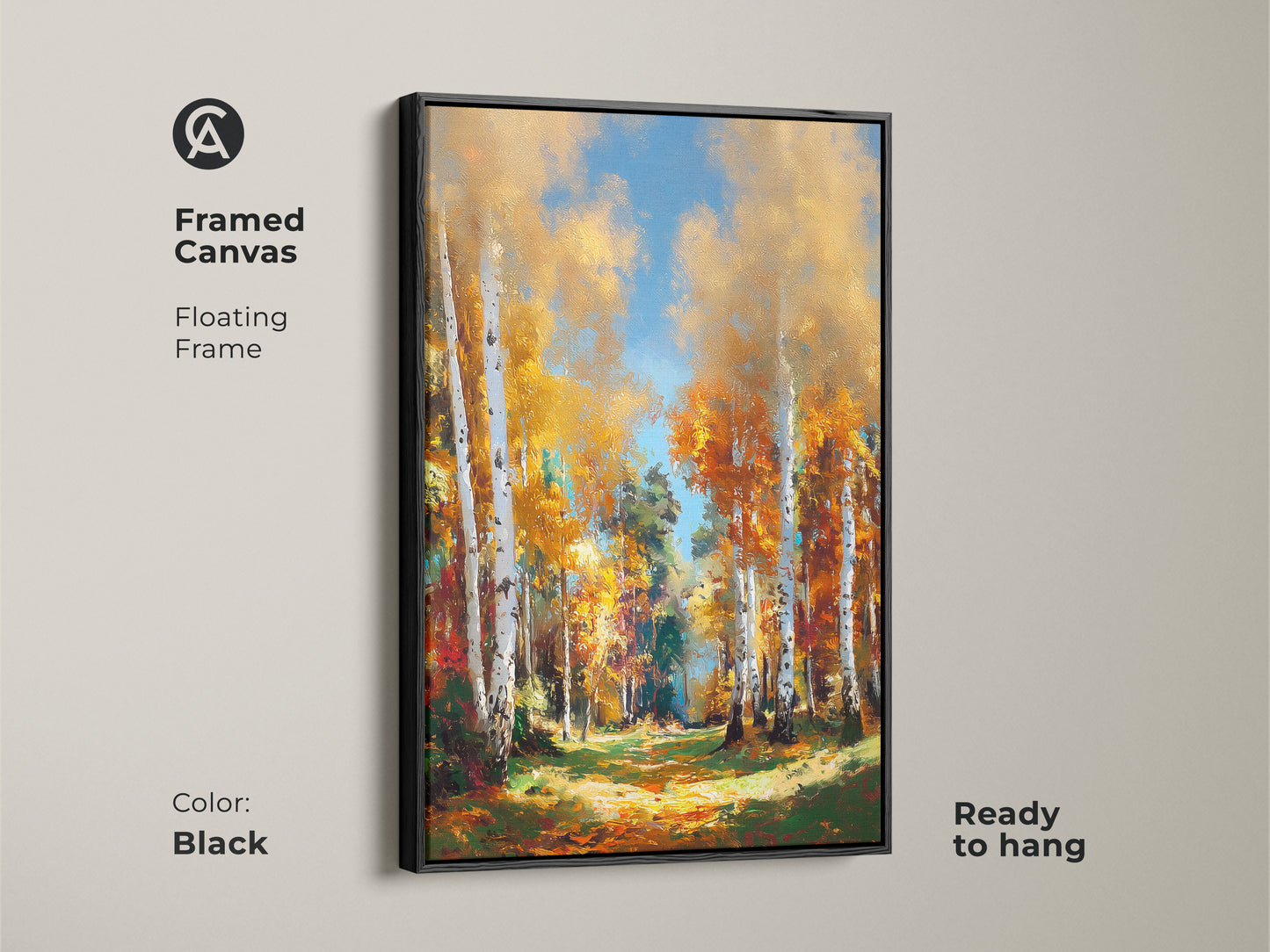 Framed canvas art with a black floating frame. This ready-to-hang artwork showcases a path through birch trees. The fine art print adds elegance to any room. Order now.