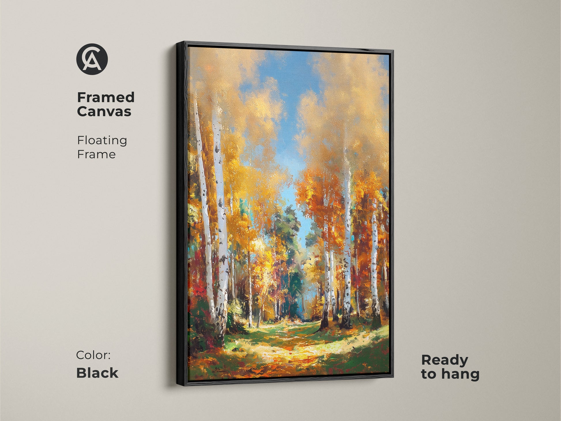Framed canvas art with a black floating frame. This ready-to-hang artwork showcases a path through birch trees. The fine art print adds elegance to any room. Order now.