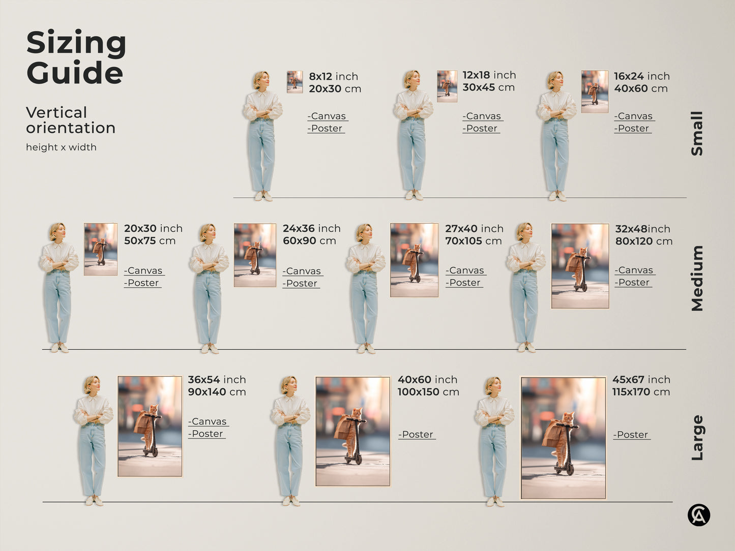 Sizing guide for vertical cat artwork. Available in canvas and poster prints. Find the ideal size for your space. From small to large this artwork fits perfectly in any room. Make a statement with this art.