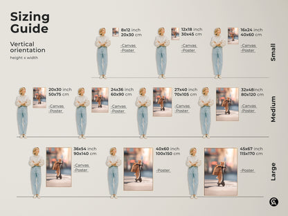 Sizing guide for vertical cat artwork. Available in canvas and poster prints. Find the ideal size for your space. From small to large this artwork fits perfectly in any room. Make a statement with this art.