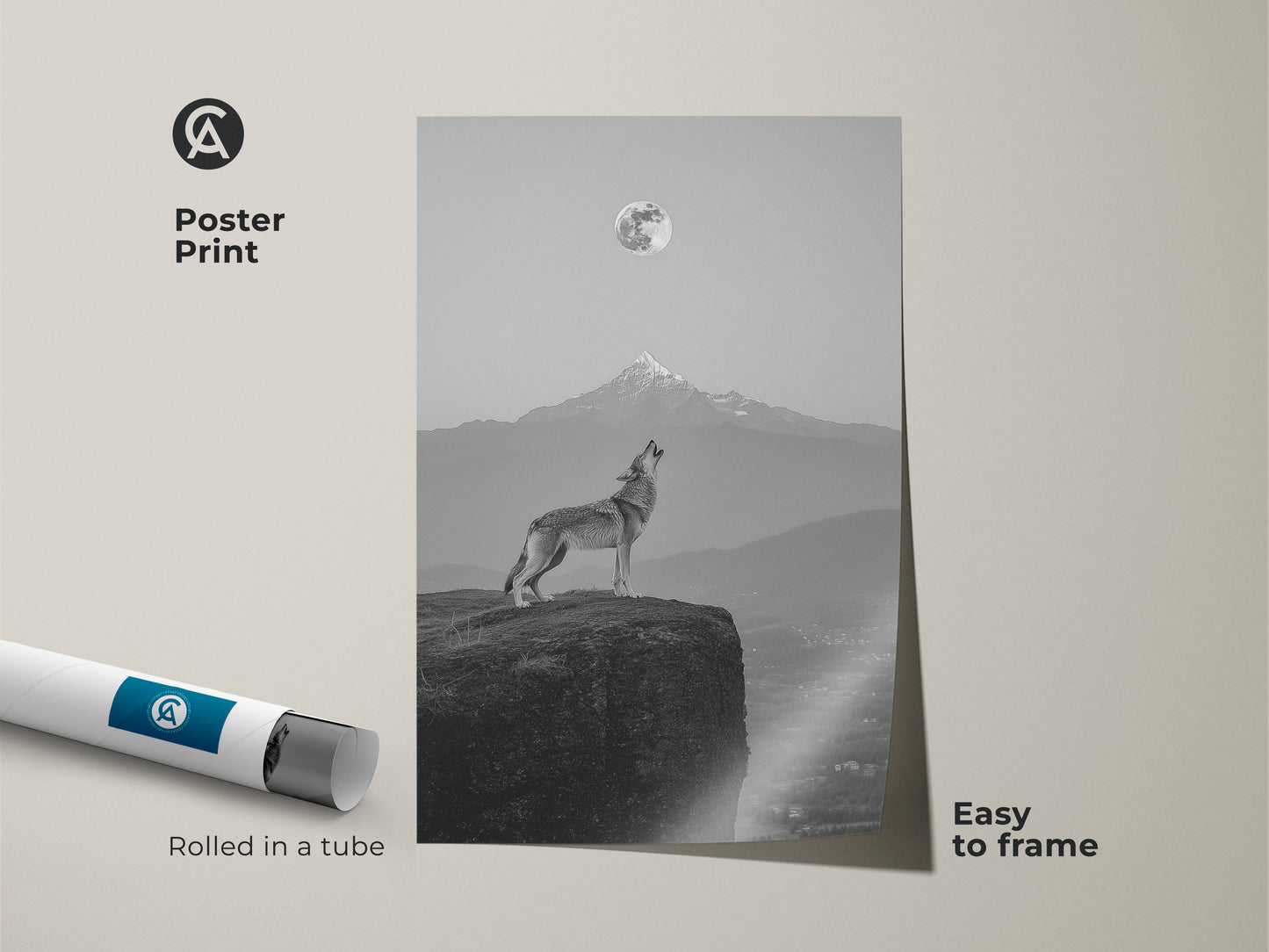 Poster print of a wolf howling at the moon. Easy to frame grey scale landscape artwork. Wild nature canvas print is rolled in a tube for safe delivery.