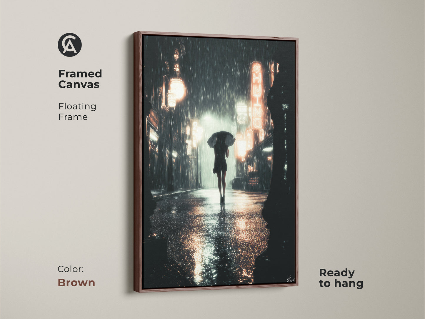 Framed canvas showcasing contemporary rainy street art. It shows a woman with an umbrella. The brown floating frame complements the deep blue orange neon art. Ideal as a city lover gift canvas and modern living room art.