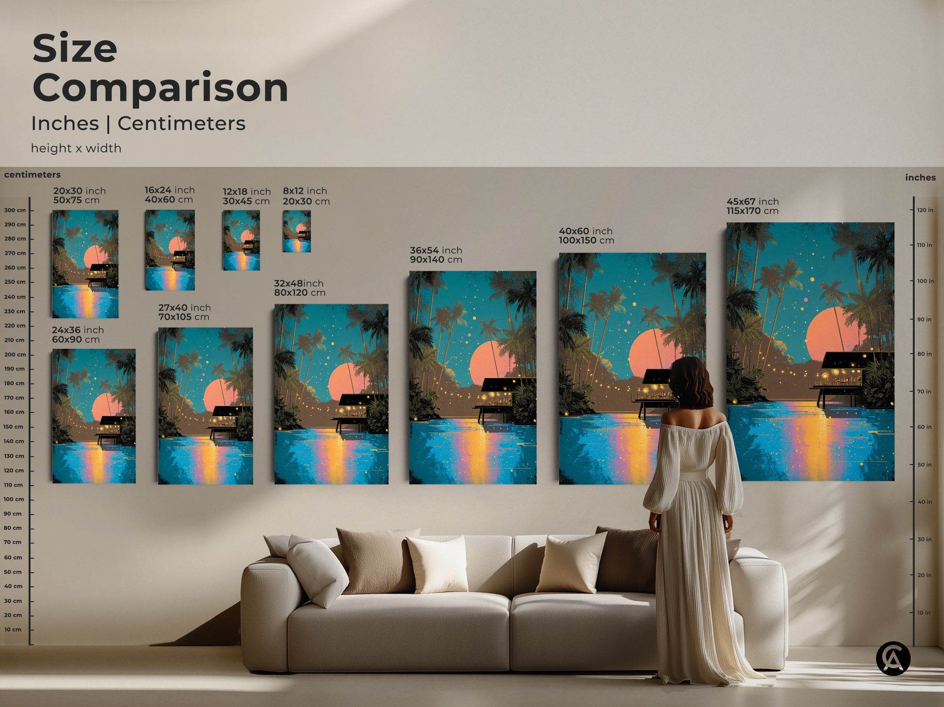Size comparison of retro tropical artwork inches and centimeters. See how canvas and poster prints of palm trees and beach huts scale in different sizes. Perfect for planning your boho coastal wall decor with teal and pink accents.