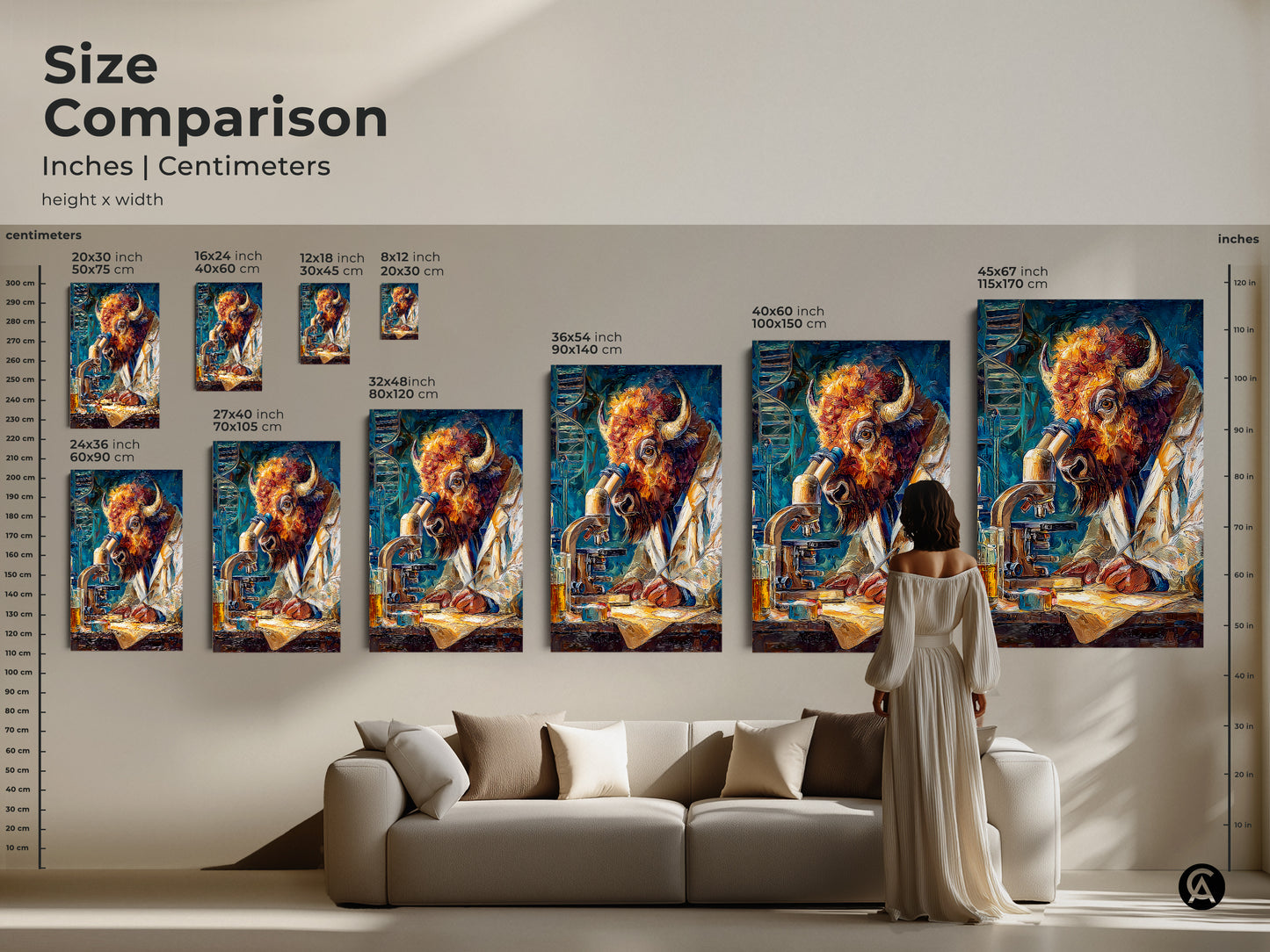 Size comparison of the buffalo scientist artwork in inches and centimeters. See how different sizes fit in a living room setting. Choose from various dimensions to suit your space. Add this unique piece to your wall art collection today.