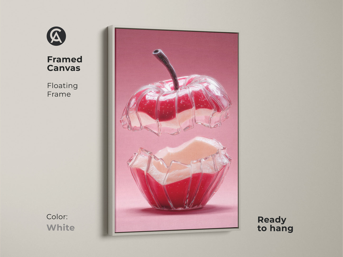 Framed canvas featuring abstract red apple art. The white floating frame enhances the modern kitchen wall art. This contemporary home decor is ready to hang. A surreal pink artwork adding a unique touch. A perfect foodie gift for a stylish kitchen.