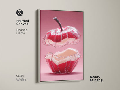 Framed canvas featuring abstract red apple art. The white floating frame enhances the modern kitchen wall art. This contemporary home decor is ready to hang. A surreal pink artwork adding a unique touch. A perfect foodie gift for a stylish kitchen.