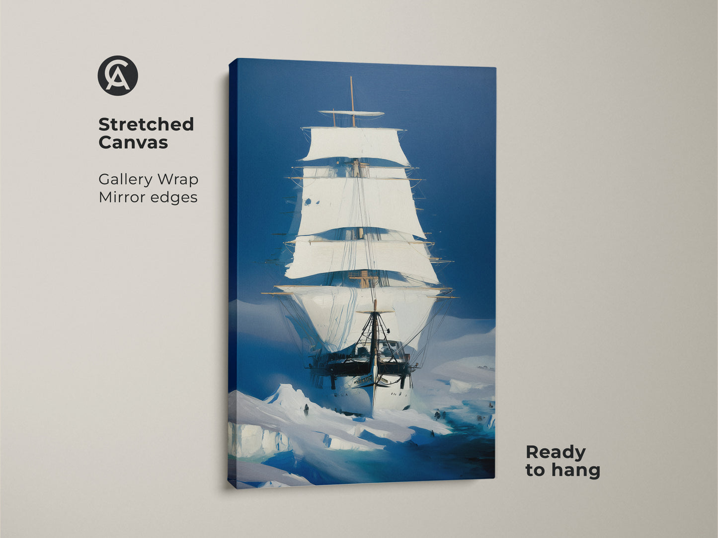 Discover a tall ship canvas print ready to hang. The nautical wall decor features an Arctic Blue iceberg painting gallery wrapped with mirrored edges. An exploration wall art piece perfect as a housewarming gift or maritime adventure accent. Enhance residential spaces with nautical themed art