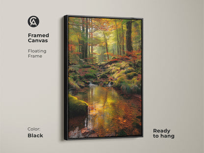 Enhance your decor with this framed canvas art. The floating frame adds a touch of elegance. The tranquil forest stream reflects the vibrant autumn trees. This black framed artwork is ready to hang and enjoy. Bring the beauty of nature into your home.