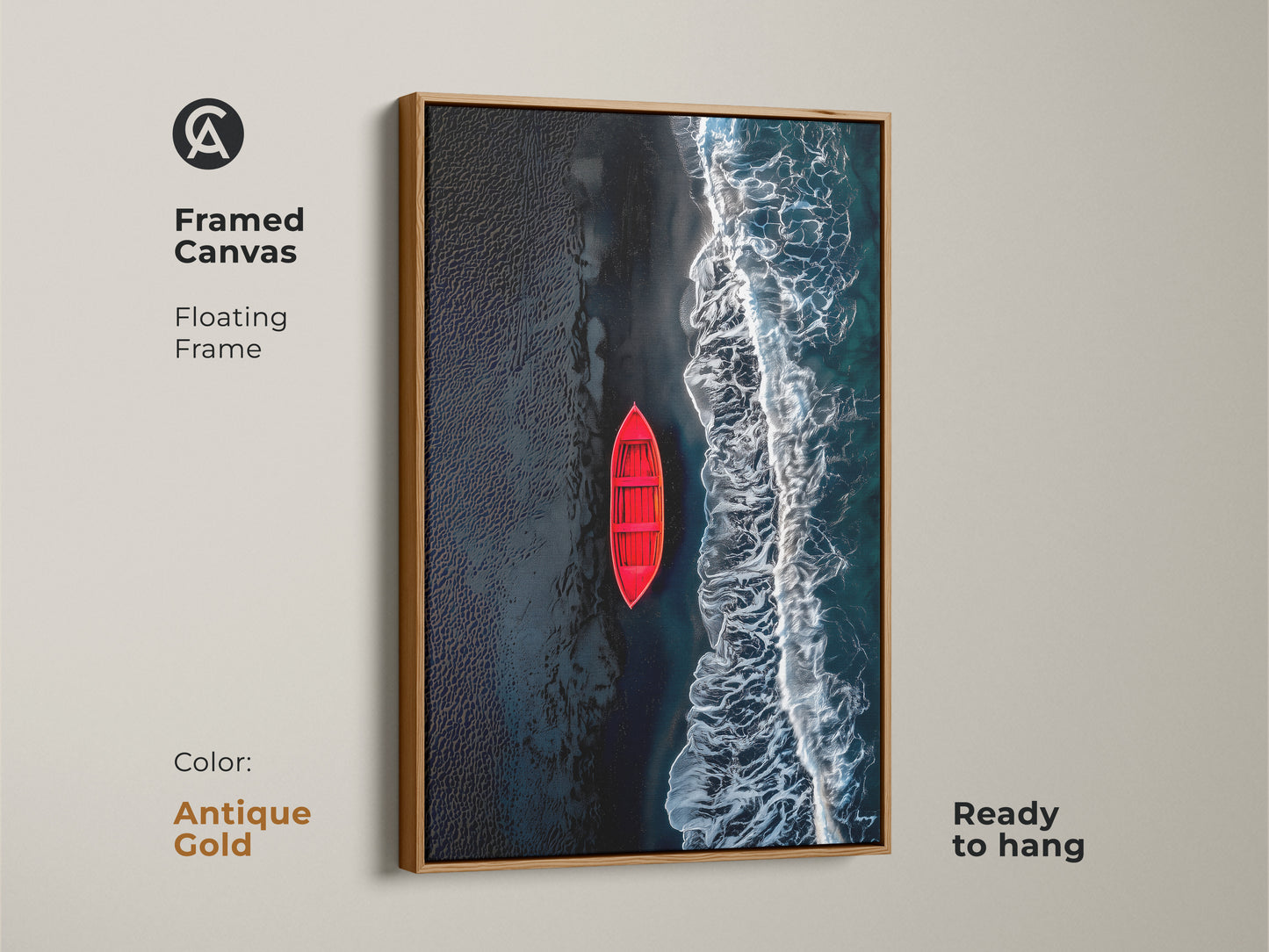 Framed canvas art featuring a red boat on a beach with black sand. The artwork has a beautiful antique gold floating frame. This canvas is ready to hang and will elevate any room's decor. A perfect addition to your art collection.