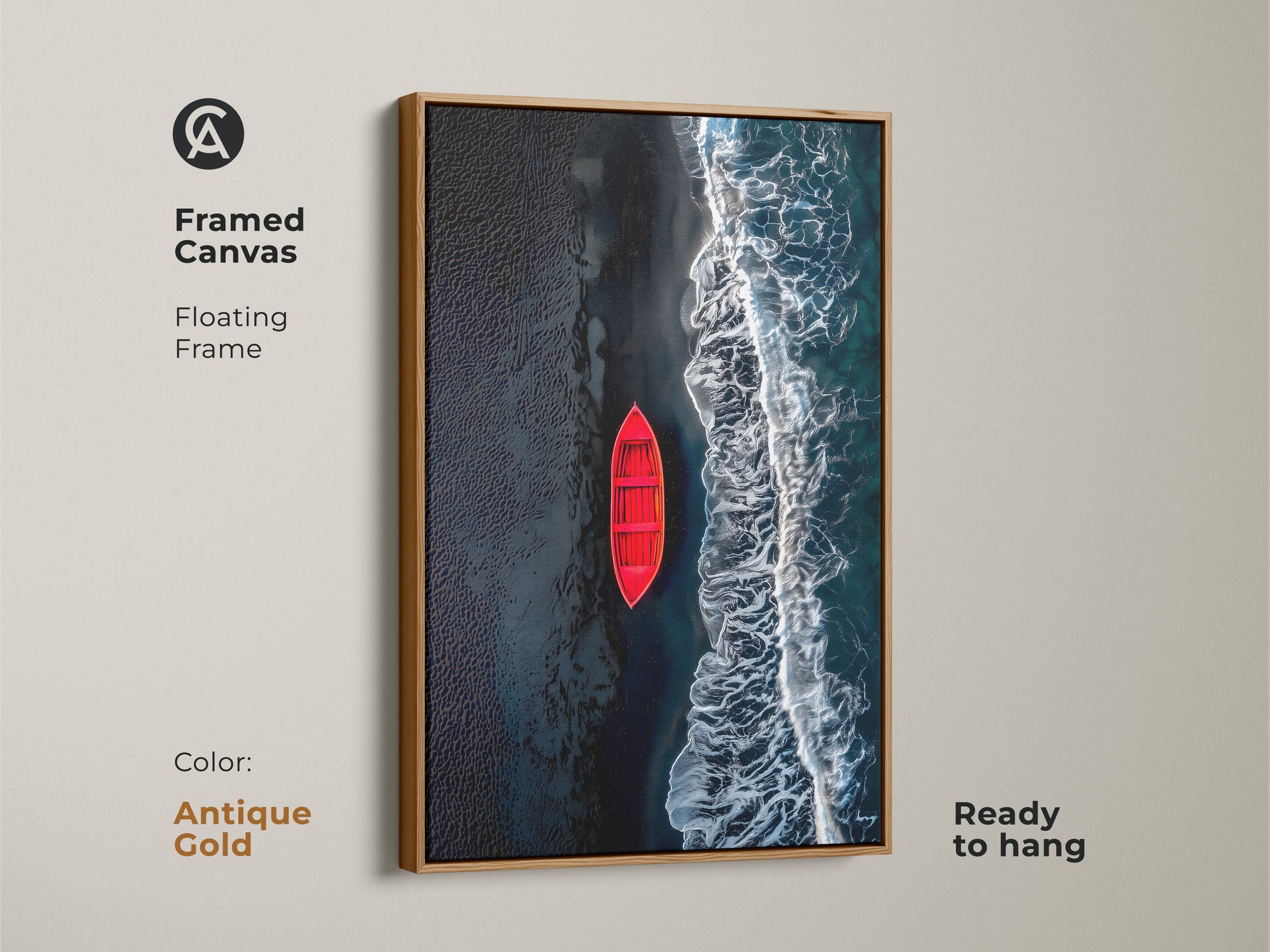 Framed canvas art featuring a red boat on a beach with black sand. The artwork has a beautiful antique gold floating frame. This canvas is ready to hang and will elevate any room's decor. A perfect addition to your art collection.
