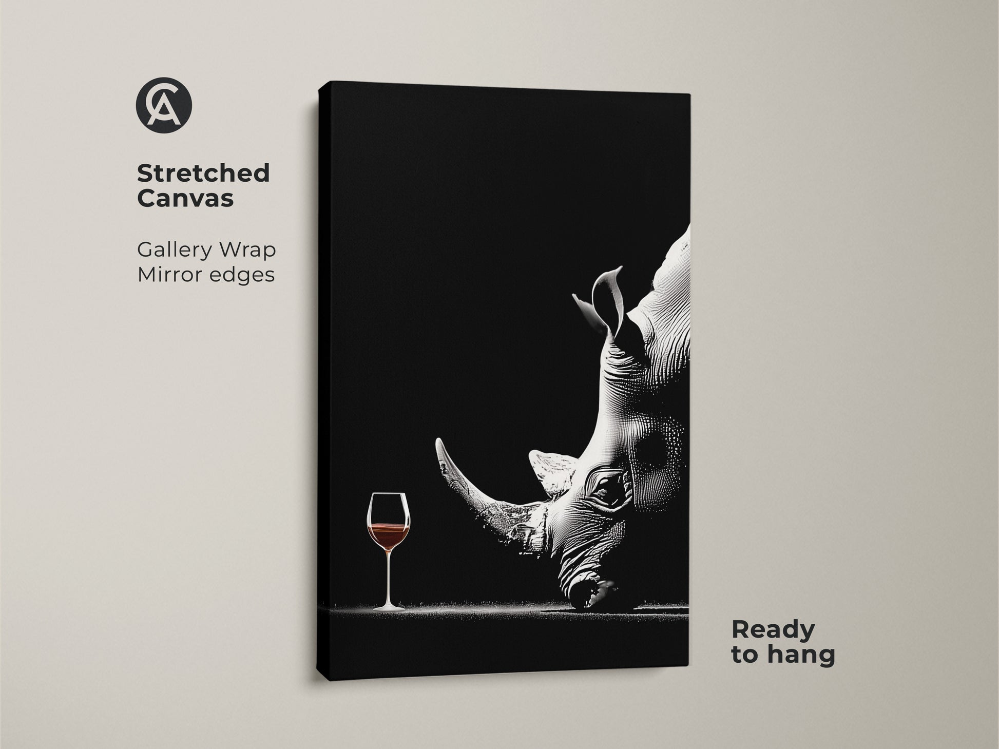 Elevate your decor with a surreal rhino art print on stretched canvas. This monochrome wildlife artwork showcases a rhino with a wine glass. Ready to hang this piece adds contemporary charm to any room. A sophisticated addition to a home office or study this piece is a unique animal artwork gift.