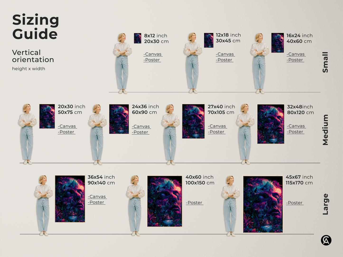 Sizing guide for vertical psychedelic face art prints. Available in small medium and large sizes. Options include canvas and poster prints. Find the perfect fit to transform your space with captivating artwork. Various sizes available.