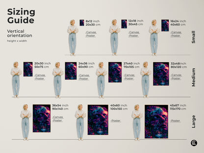 Sizing guide for vertical psychedelic face art prints. Available in small medium and large sizes. Options include canvas and poster prints. Find the perfect fit to transform your space with captivating artwork. Various sizes available.